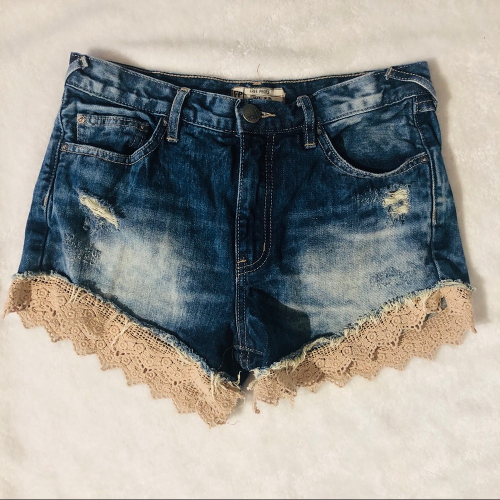 Free People High Rise Crochet Lace Hem Denim Short